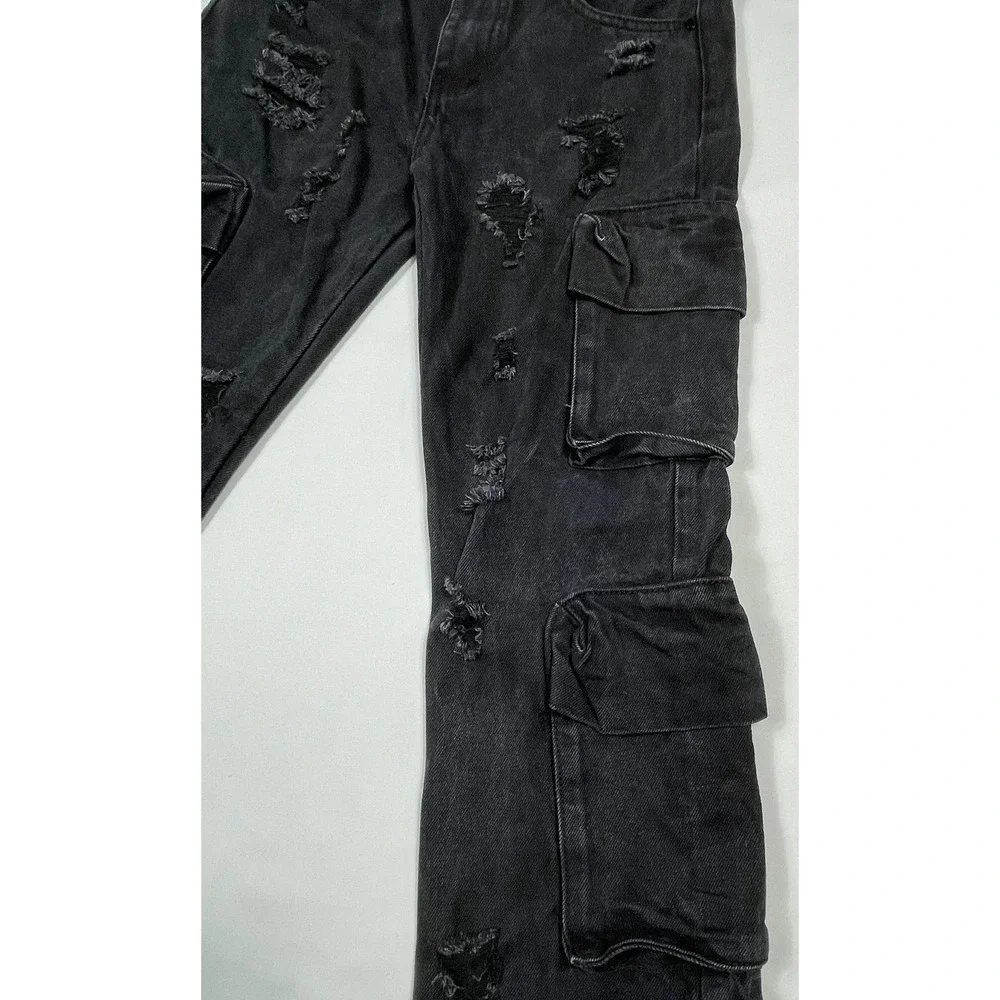 🔥 Rockstar Original Boys Sz 14 Black Distressed Cargo Jeans Raw Hem -Streetwear